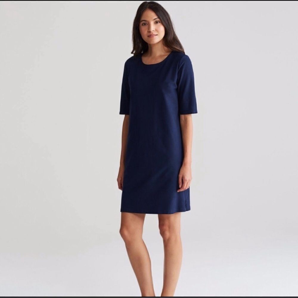 EILEEN FISHER Navy Washable Stretch Crepe Side Zip Shift Dress Medium Petite
